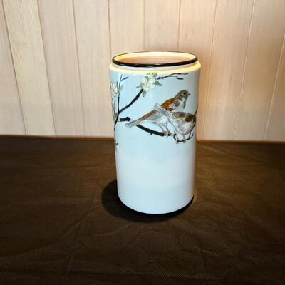 Vintage Belleek Willets Asian Vase with Painted Sparrow Birds on Cherry Blossom Branch Glazed Vase