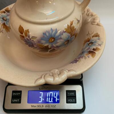 HAEGER ROYAL PITCHER & BOWL PURPLE BLUE FLOWER - 10â€ wide bowl & 8â€ high pitcher