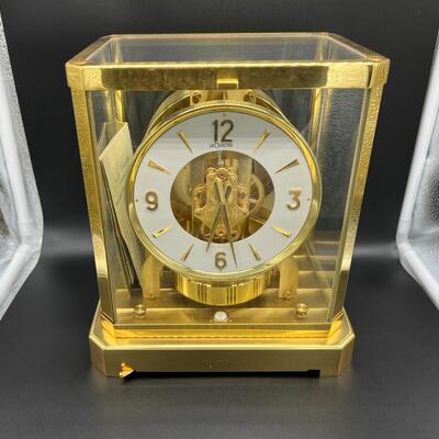 Vintage Le Coultre Atmos VIII Jaeger Gold and Crystal Glass Mantle Clock