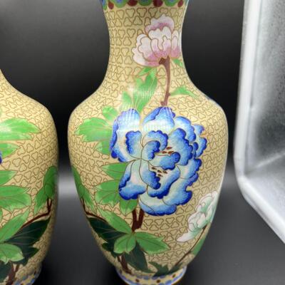 Pair Beautiful Cloisonne Vase of Vibrant Blue and Pink Flowers with Gold Rim Made in People's Republic of China