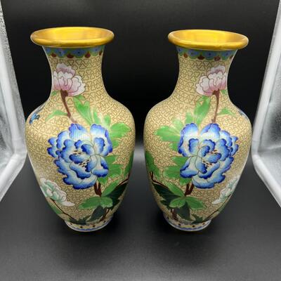 Pair Beautiful Cloisonne Vase of Vibrant Blue and Pink Flowers with Gold Rim Made in People's Republic of China