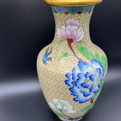 Pair Beautiful Cloisonne Vase of Vibrant Blue and Pink Flowers with Gold Rim Made in People's Republic of China