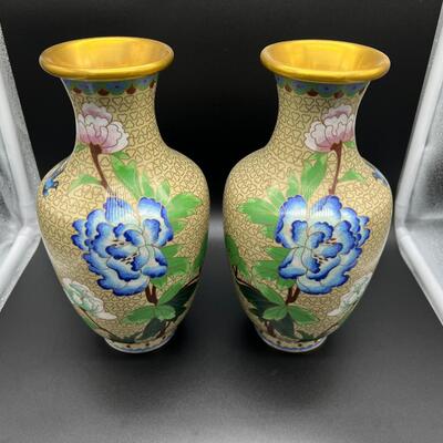 Pair Beautiful Cloisonne Vase of Vibrant Blue and Pink Flowers with Gold Rim Made in People's Republic of China