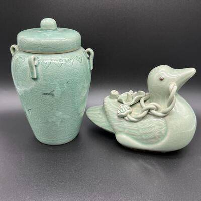 Lot of 2 Vintage Korean Celadon Glazed Asian Water Dropper Duck and Lidded Jar