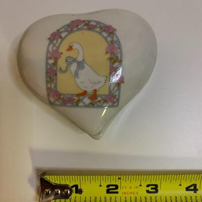 Country Geese & Flowers Heart Trinket Box â€“ Goose with Blue Ribbon Bows â€“ Vintage Porcelain Heart Jewelry Box - 3â€ wide x 3â€...