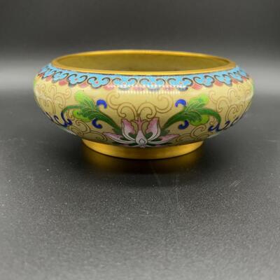 Vintage Cloisonne Bowl Serving Dish with Floral Motif and Blue Bottom