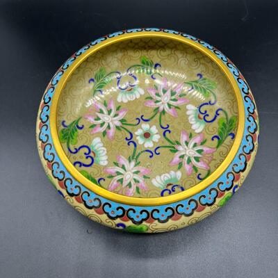 Vintage Cloisonne Bowl Serving Dish with Floral Motif and Blue Bottom