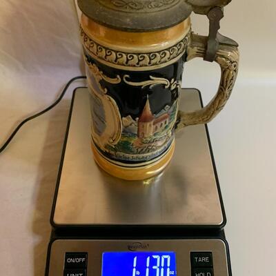 Vintage Ceramic Lidded Stein 9â€ tall x 4â€ wide approx