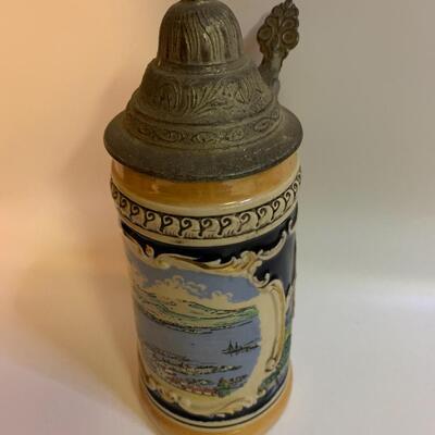 Vintage Ceramic Lidded Stein 9â€ tall x 4â€ wide approx