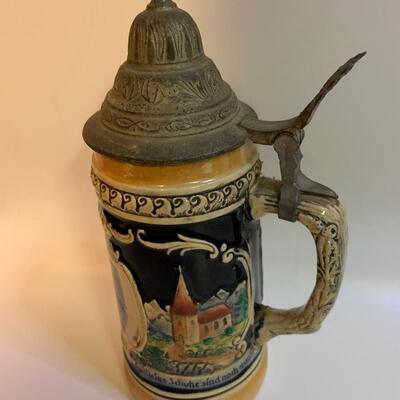 Vintage Ceramic Lidded Stein 9â€ tall x 4â€ wide approx