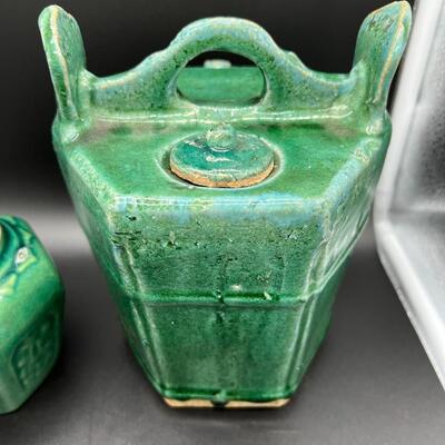Antique Jade Green Glazed Chinese Ceramic Pottery Teapot and Cup