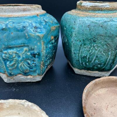 Pair Antique Old Chinese Blue Green Glazed Ceramic Lidded Vessel Cups