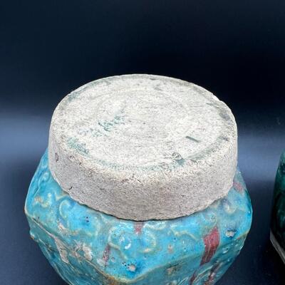 Pair Antique Old Chinese Blue Green Glazed Ceramic Lidded Vessel Cups