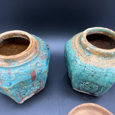 Pair Antique Old Chinese Blue Green Glazed Ceramic Lidded Vessel Cups