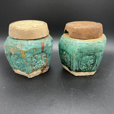 Pair Antique Old Chinese Blue Green Glazed Ceramic Lidded Vessel Cups