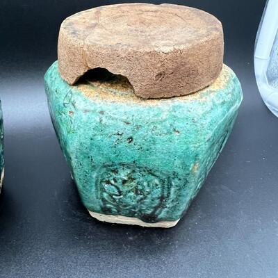 Pair Antique Old Chinese Blue Green Glazed Ceramic Lidded Vessel Cups