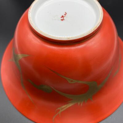 Vintage Asian Deep Orange and Gold Cranes Painted Glazed Porcelain Bowl
