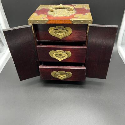 Gorgeous Antique Miniature Chinese Portable Wood Cabinet with Brass Details and Handle