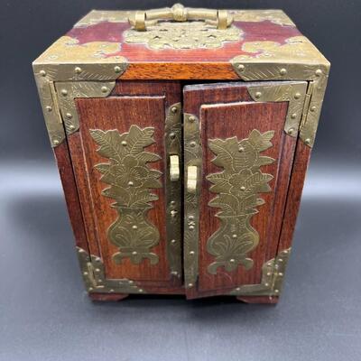 Gorgeous Antique Miniature Chinese Portable Wood Cabinet with Brass Details and Handle