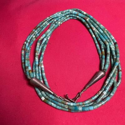 Heirloom Native American Turquoise barrel bead 4 strand 24