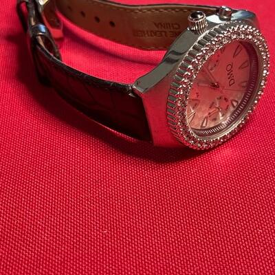 DMQ watch , CZ crusted - stainless case - leather strap