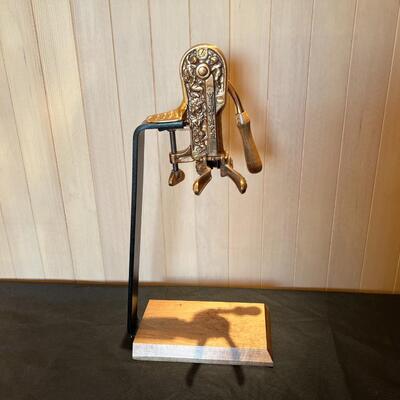 Antique Look Brass Table Top Wine Opener with Wood Stand and Corkscrew