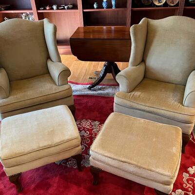 Pair of Pale Green or Beige Vintage Fabric Arm Chairs with Ottomans