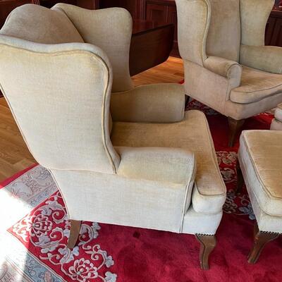 Pair of Pale Green or Beige Vintage Fabric Arm Chairs with Ottomans