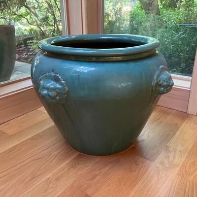 Antique Large Chinese Green Blue Ceramic Glazed Lions Pot with Custom Wood Top Coffee Table