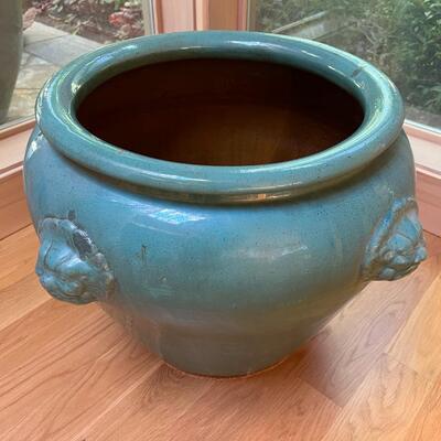 Antique Large Chinese Green Blue Ceramic Glazed Lions Pot with Custom Wood Top Coffee Table