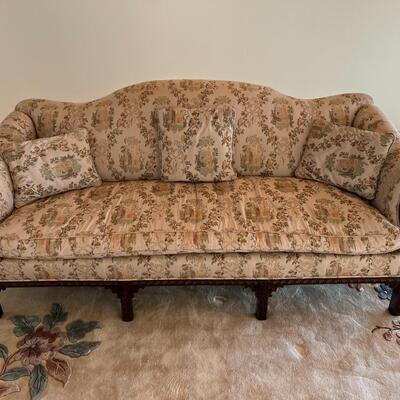 Beautiful Antique Wood and Cream Floral Fabric Sofa with Curved Back