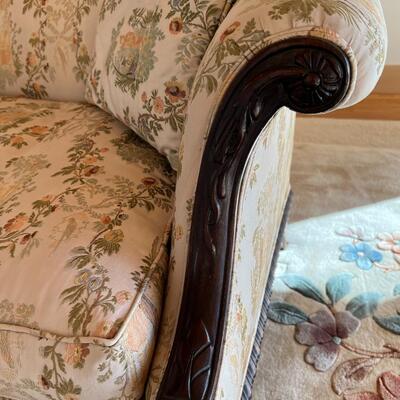 Beautiful Antique Wood and Cream Floral Fabric Sofa with Curved Back