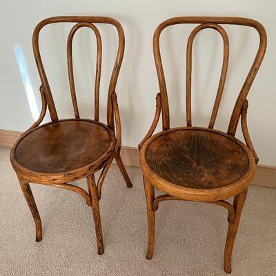 Antique Pair of Wood Round Seated Dining Chairs
