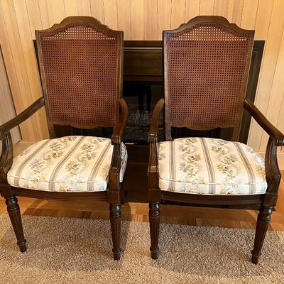 Pair of Beautiful Dark Wood Wicker Cane Back Armchairs with Cream Fabric Seats