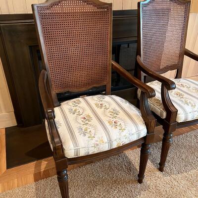 Pair of Beautiful Dark Wood Wicker Cane Back Armchairs with Cream Fabric Seats
