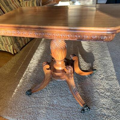 Beautiful Antique Wood Table with Carved Pineapple Base and Metal Lion Claw Feet