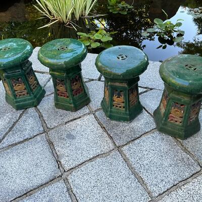 Lot of 4 Green Glazed Asian Garden Ceramic Pottery Stools