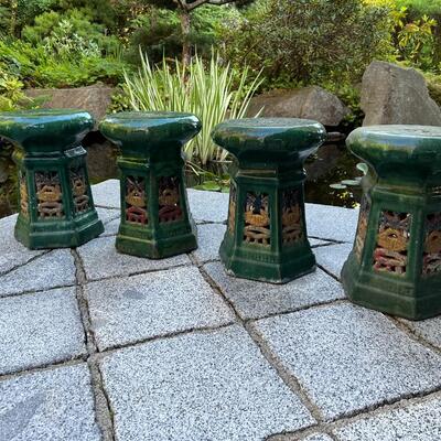 Lot of 4 Green Glazed Asian Garden Ceramic Pottery Stools