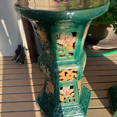 Pair of Tall Green Glazed Asian Ceramic Pottery Garden Stools