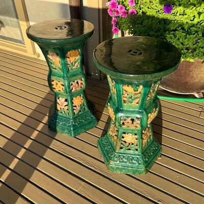 Pair of Tall Green Glazed Asian Ceramic Pottery Garden Stools