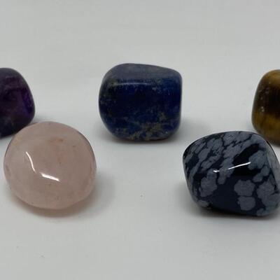 Collection of Tumbled and Polished Jasper, Green Chalcedony, Sodalite, Agate, Rose Quartz, Amethyst, Snowflake Obsidian, Tiger's Eye, and...