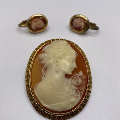 Gold Tone and Red Orange Cameo Pin or Pendant and Earring Set