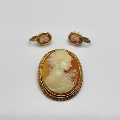 Gold Tone and Red Orange Cameo Pin or Pendant and Earring Set
