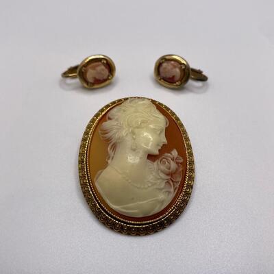 Gold Tone and Red Orange Cameo Pin or Pendant and Earring Set