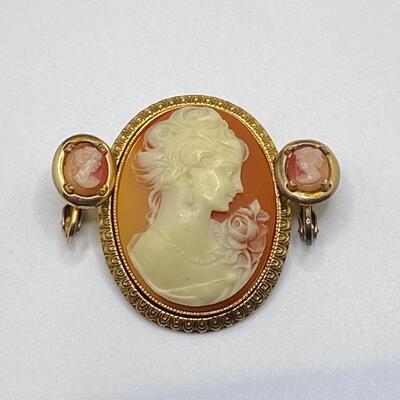 Gold Tone and Red Orange Cameo Pin or Pendant and Earring Set