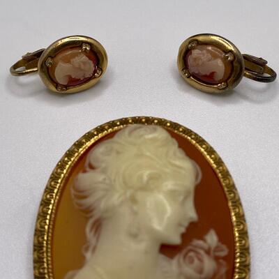 Gold Tone and Red Orange Cameo Pin or Pendant and Earring Set