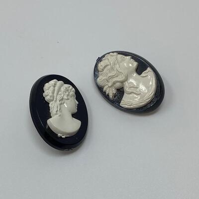 Two Black Carved Cameo Pins/Brooches