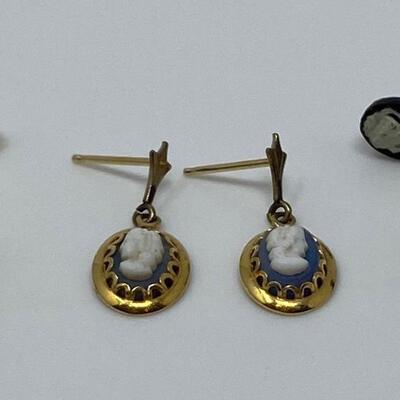 Pair of Cameo Dangle Earrings, Single Cameo Earrings, and One 14KT Gold Backing