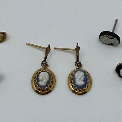 Pair of Cameo Dangle Earrings, Single Cameo Earrings, and One 14KT Gold Backing