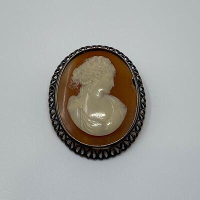 Antique/Vintage 1920's - 30's 800 Silver and Gold Plating Brooch Hand Carved Shell Cameo